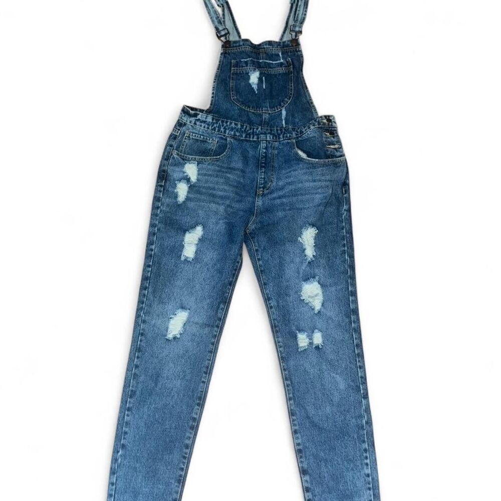 Forever 21 Woman's Medium Wash Distressed Denim Jeans Overall SZ 27